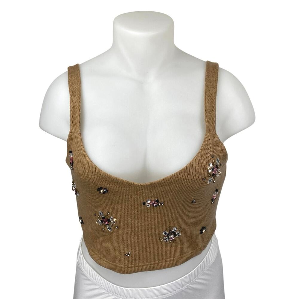 Reath & Wren Brown Tan Ribbed Knit Beaded Sleeveless Tank Cami Crop Top Size L